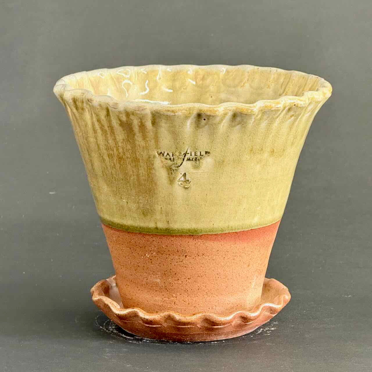 #4 Soda Fired Pennsylvania Crimped Rim Full Pot with Attached Saucer, Ash Glaze