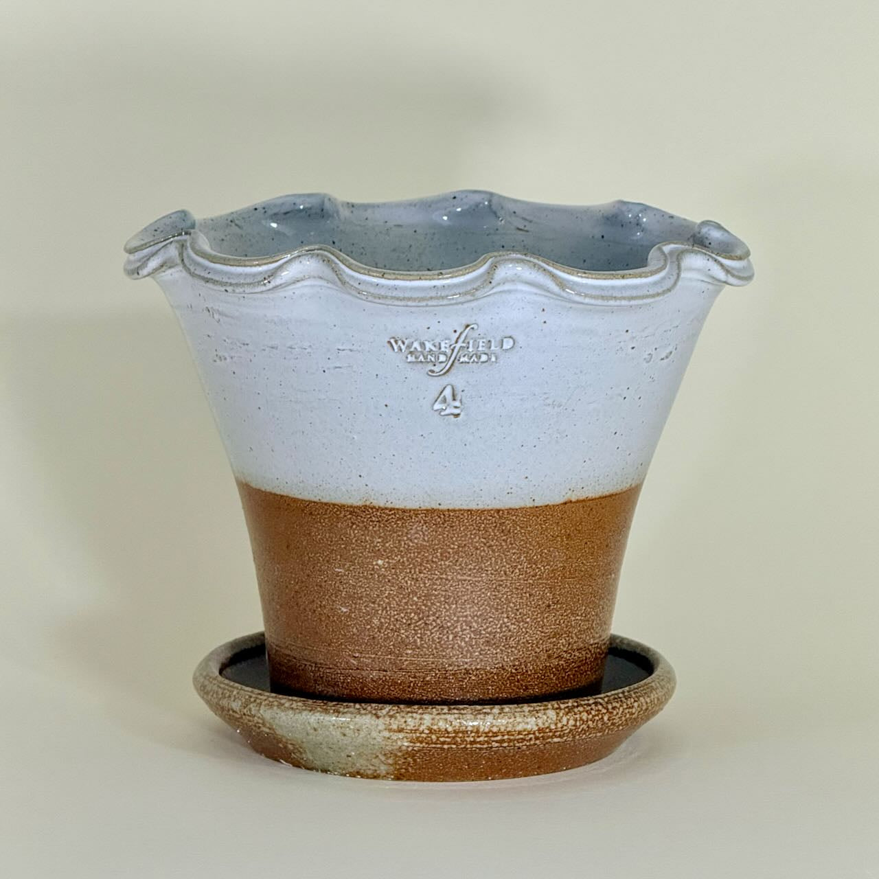 #4 Soda Fired Scalloped Full Pot with Attached Saucer, 1/2 Vanilla Bean Glaze