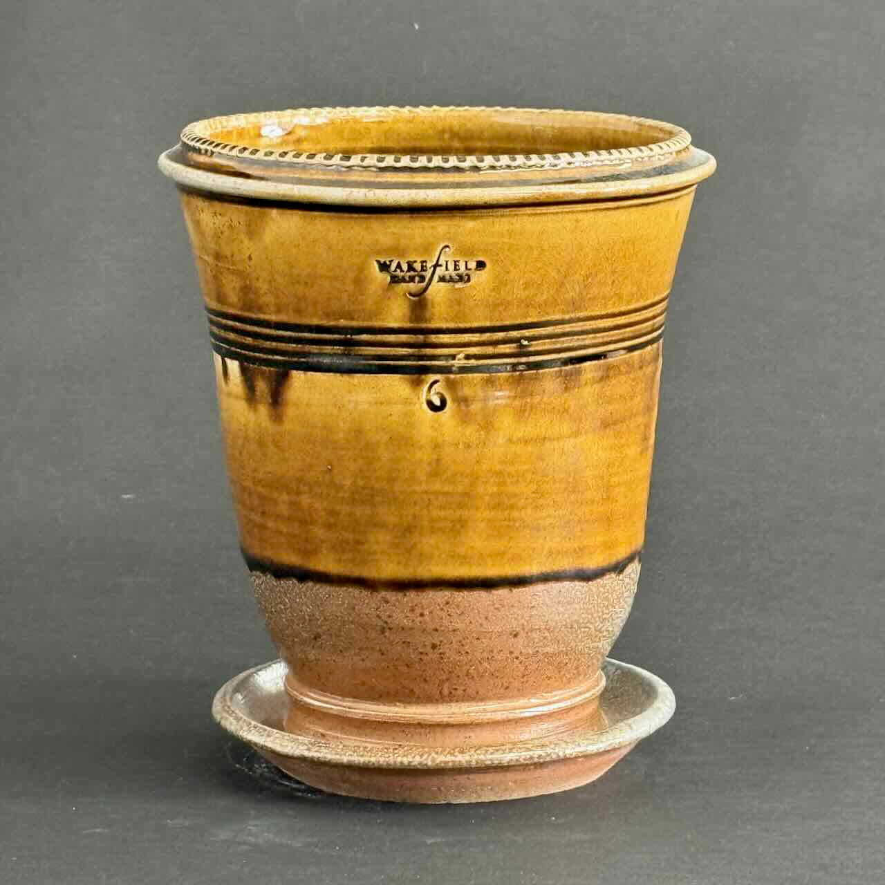 #6 Soda Fired Anduze Urn with Attached Saucer, One of a Kind Amber Glaze