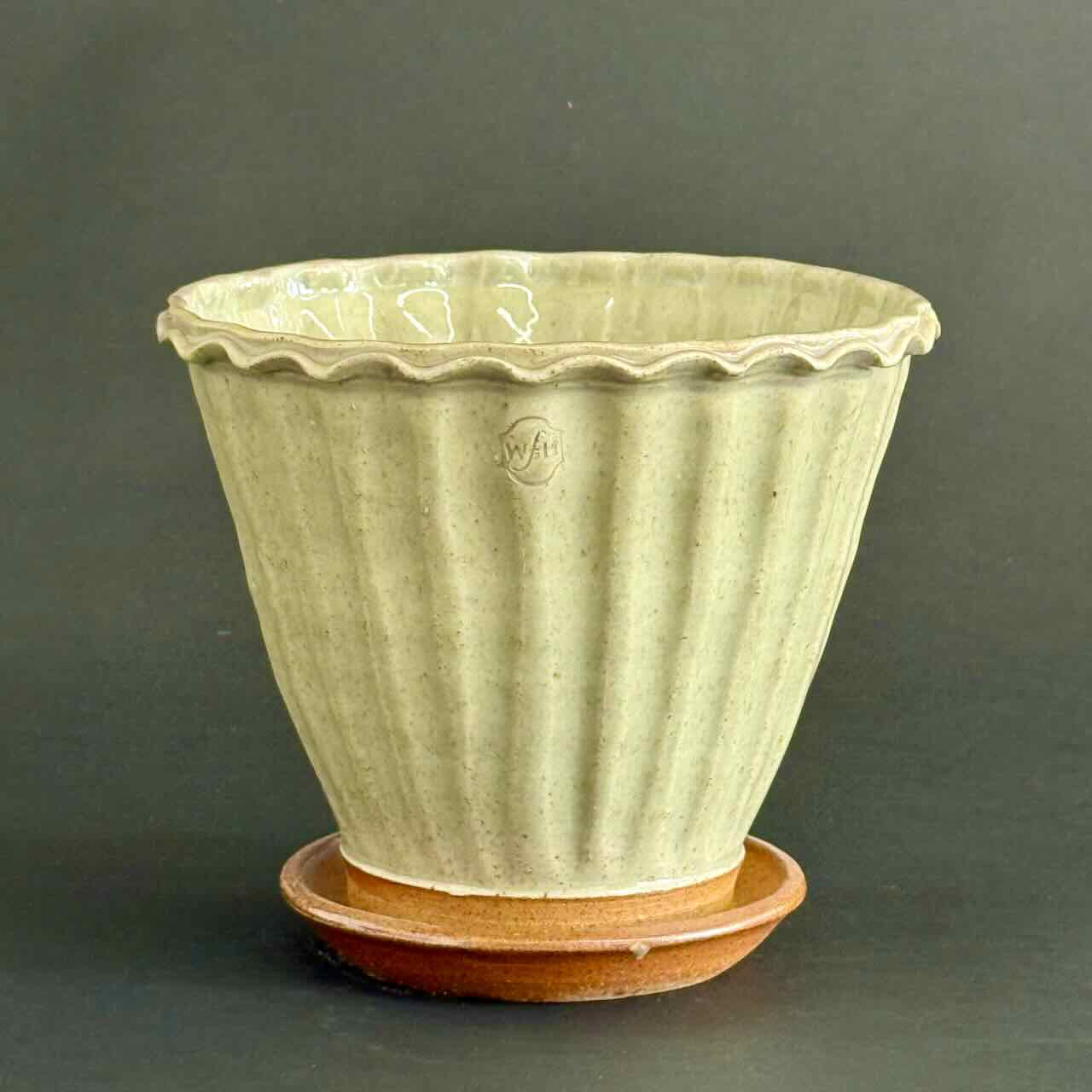 Soda Fired Fluted Amaryllis Pot with Attached Saucer, Glazed Celedon