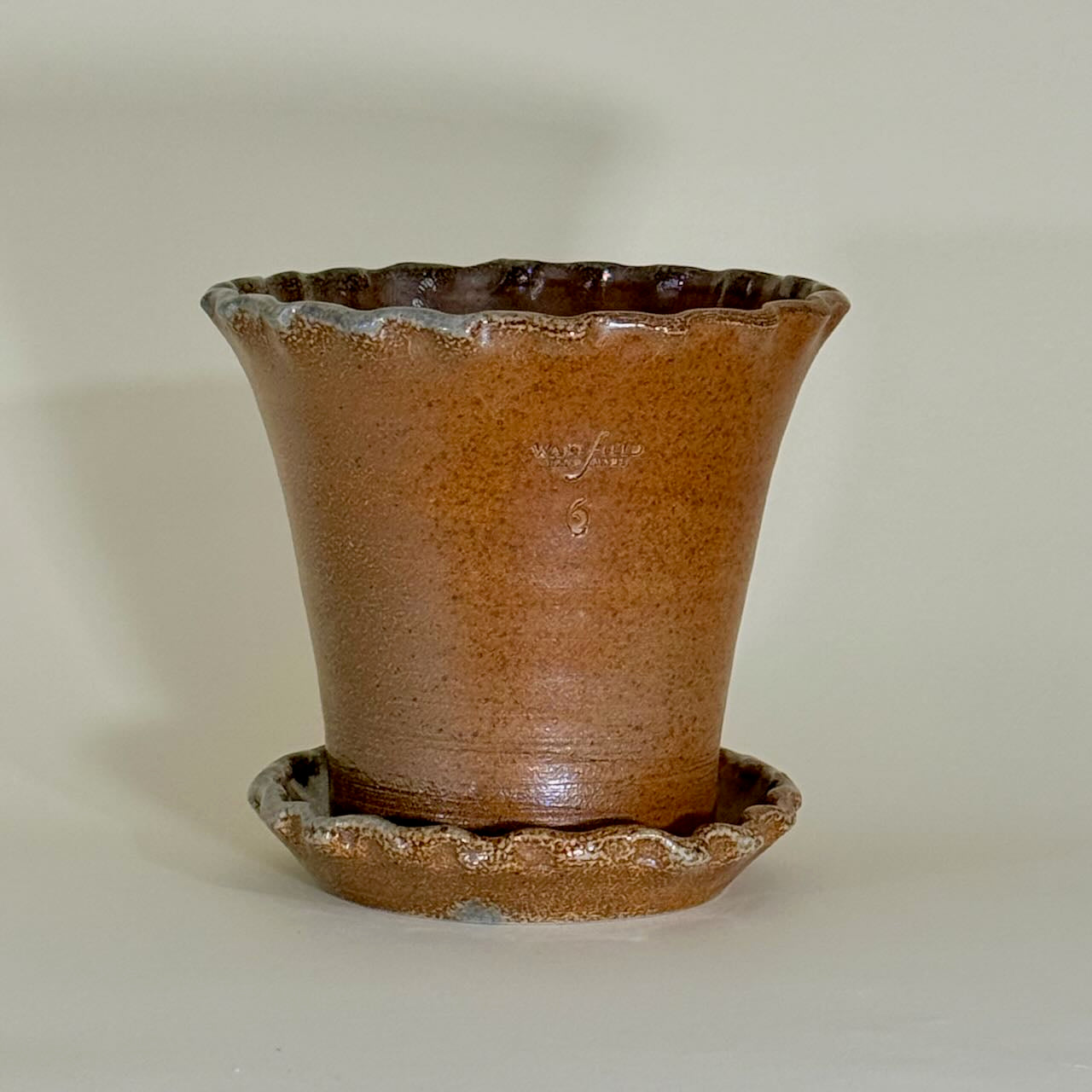 One of a Kind #6 Soda-Fired Pennsylvania Crimped Rim Full Pot with Attached Saucer
