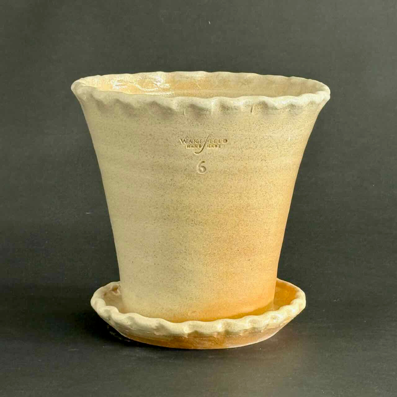 #6 Soda Fired Pennsylvania Crimped Rim Full Pot with Attached Saucer