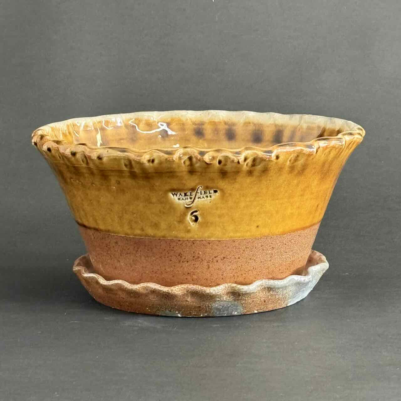 #6 Soda Fired Pennsylvania Crimped Rim Paperwhite Pot with Attached Saucer, 1/2 Amber Glaze