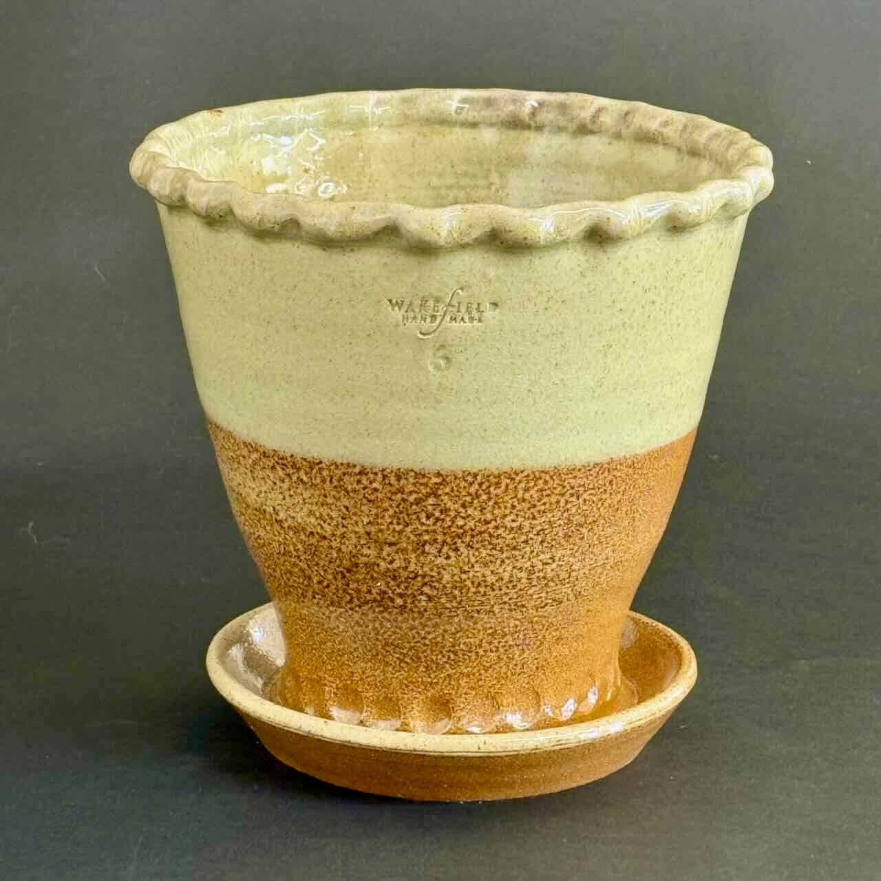 Soda Fired #6 Piecrust RimFull Pot with Attached Saucer,1/2 Celedon