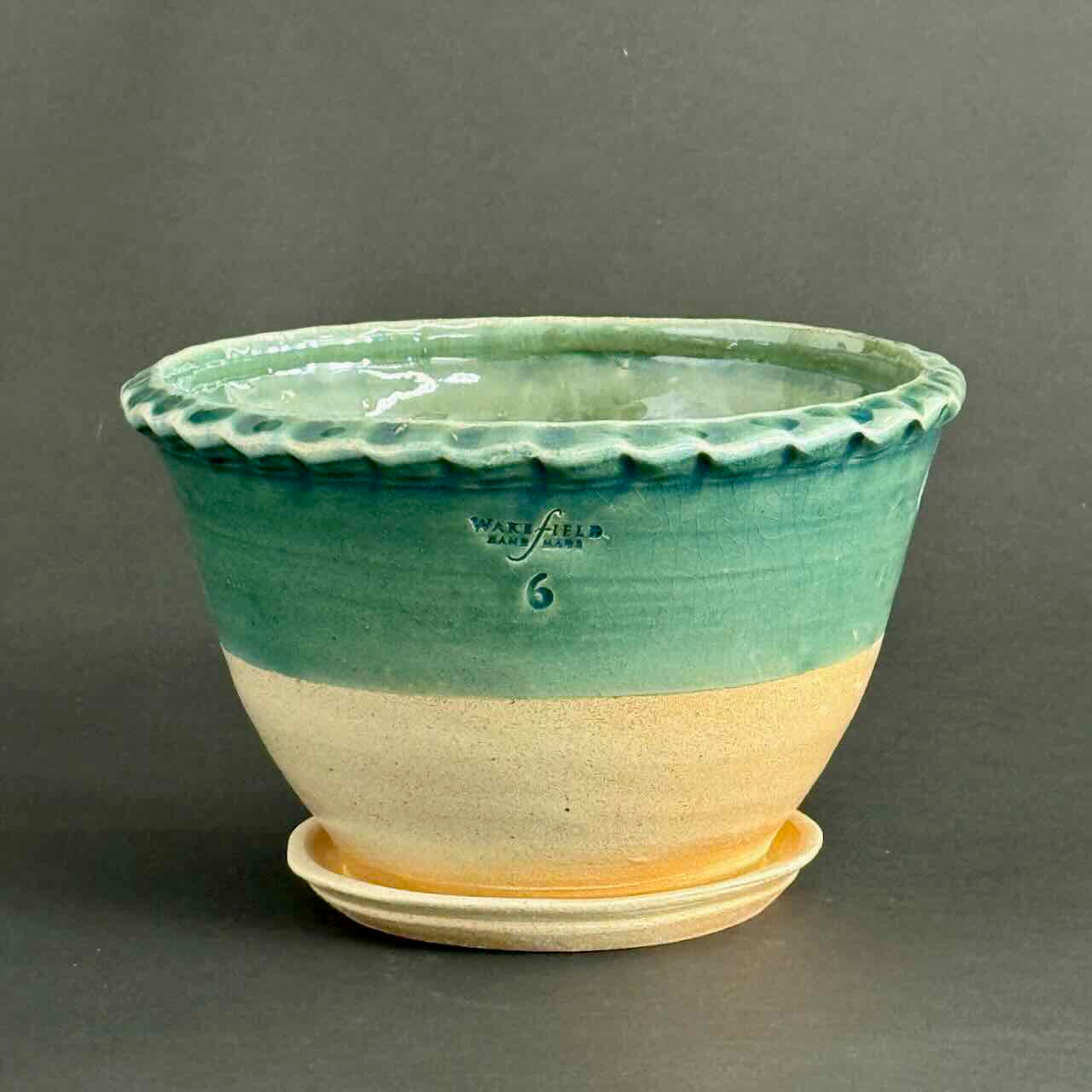 Soda Fired #6 Piecrust Rim Paperwhite Pot with Attached Saucer, 1/2 Jade Glaze