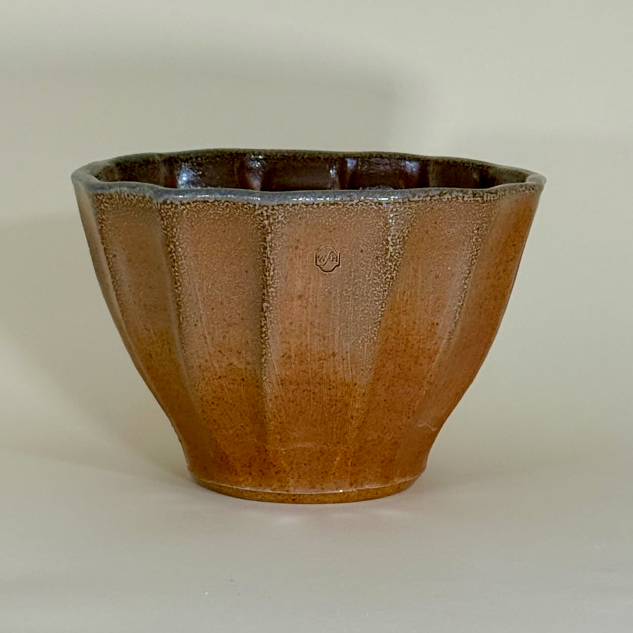 One Of A Kind Soda Fired Soft Faceted Flowerpot, Natural Soda, No Saucer