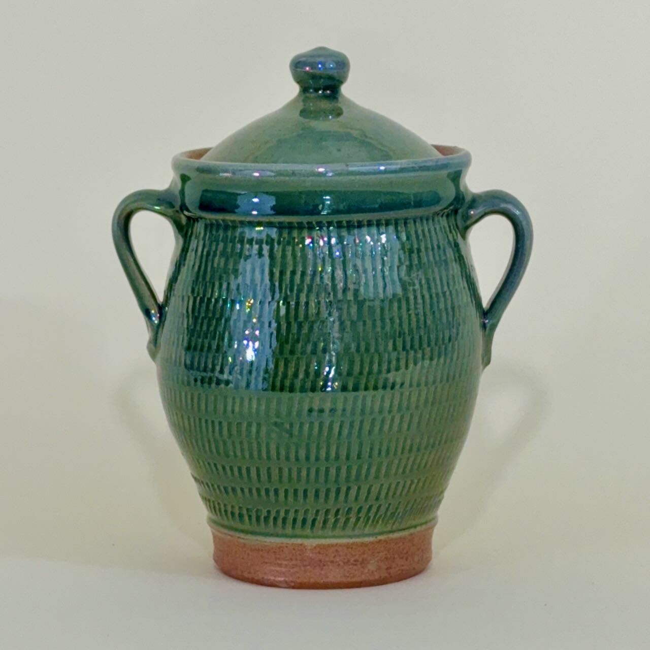 Coggled Urn with Lid, for Storage, Soda Fired, Jade Glaze