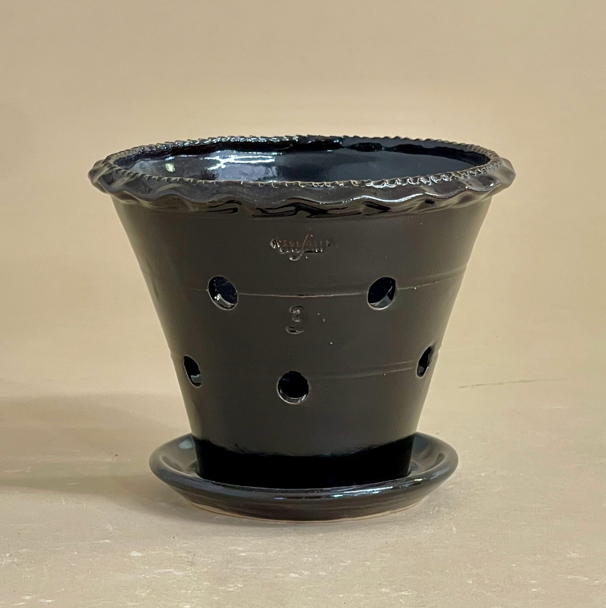 Glazed Ornamented Rim Orchid Pot with Attached Saucer