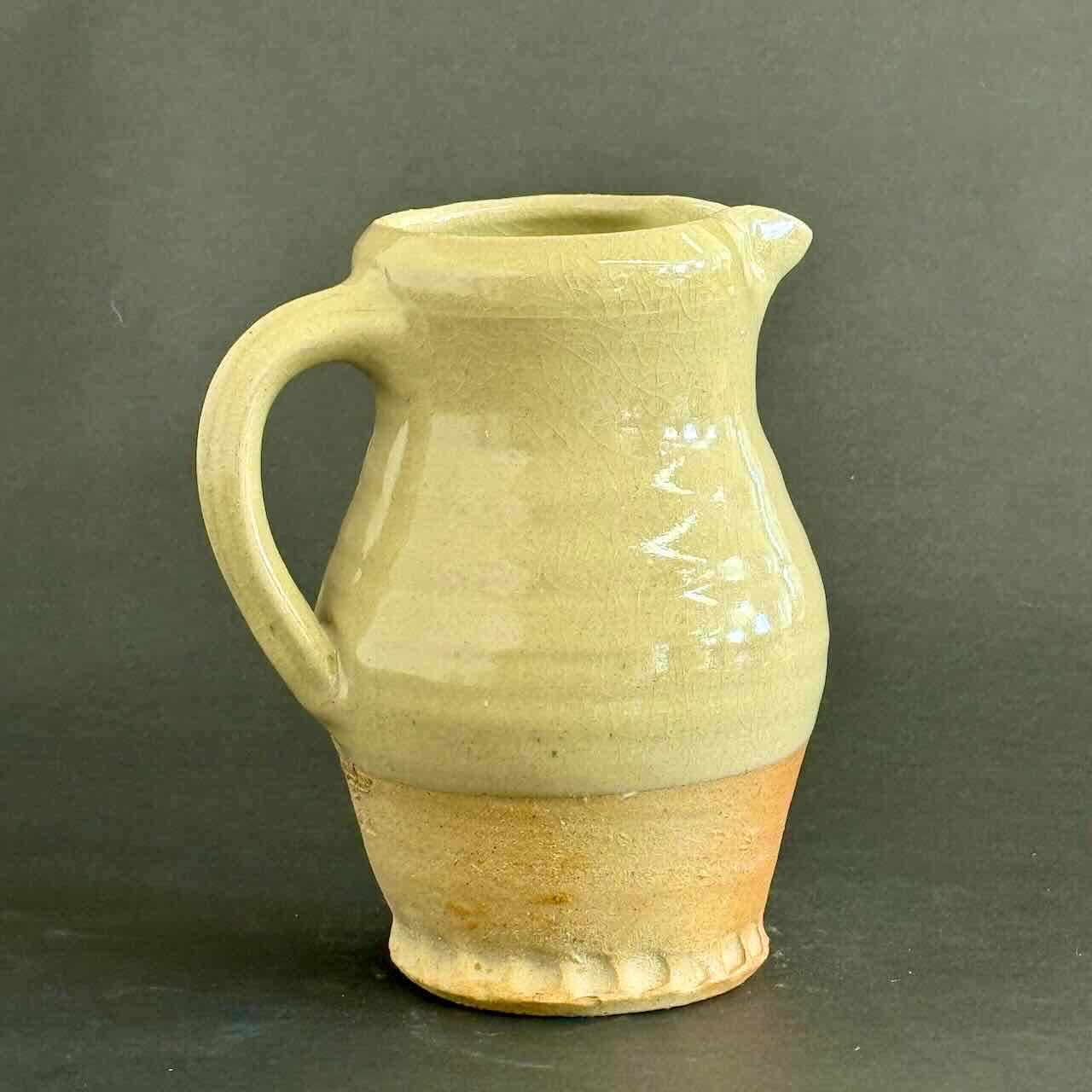 One of a Kind Soda-Fired Pitcher,  1/2 Celedon Glaze, Crimped Base