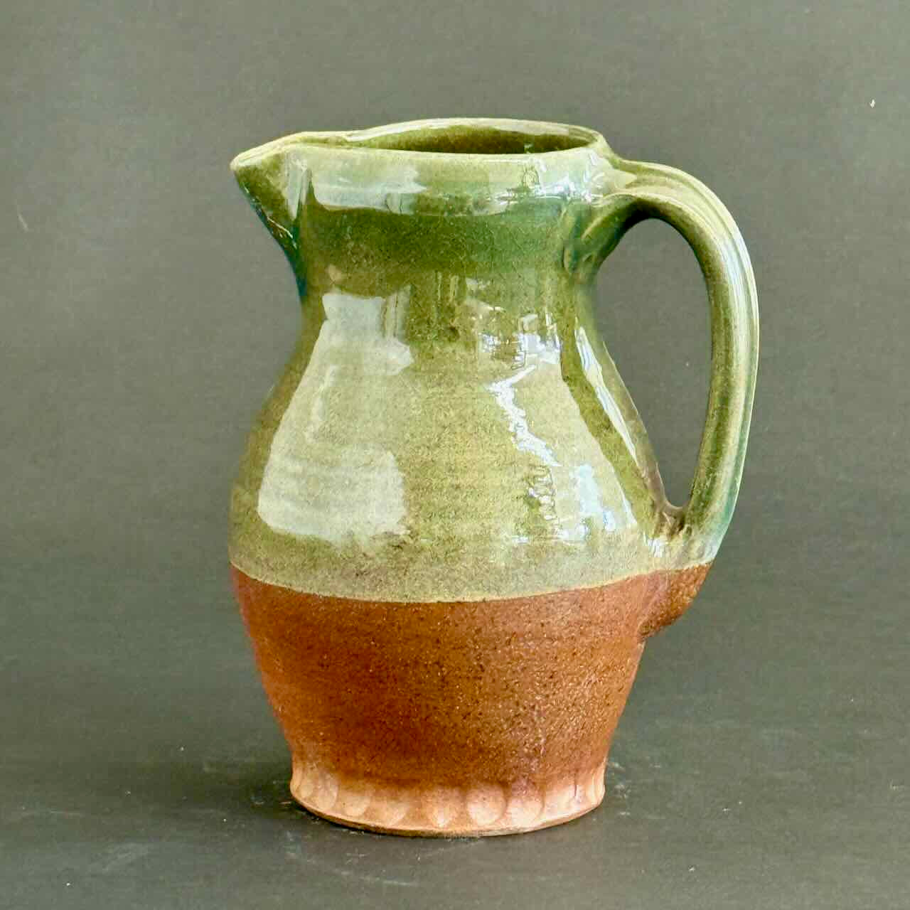 Soda-Fired Pitcher, One of a Kind, Crimped Base, Jade Glaze