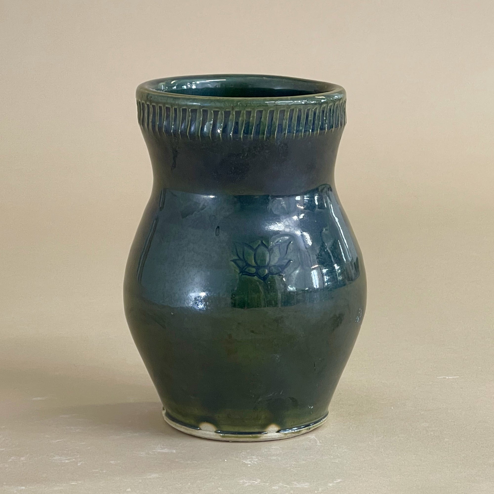 Small Soda Fired Vase with Lotus stamp, Turquoise Glaze