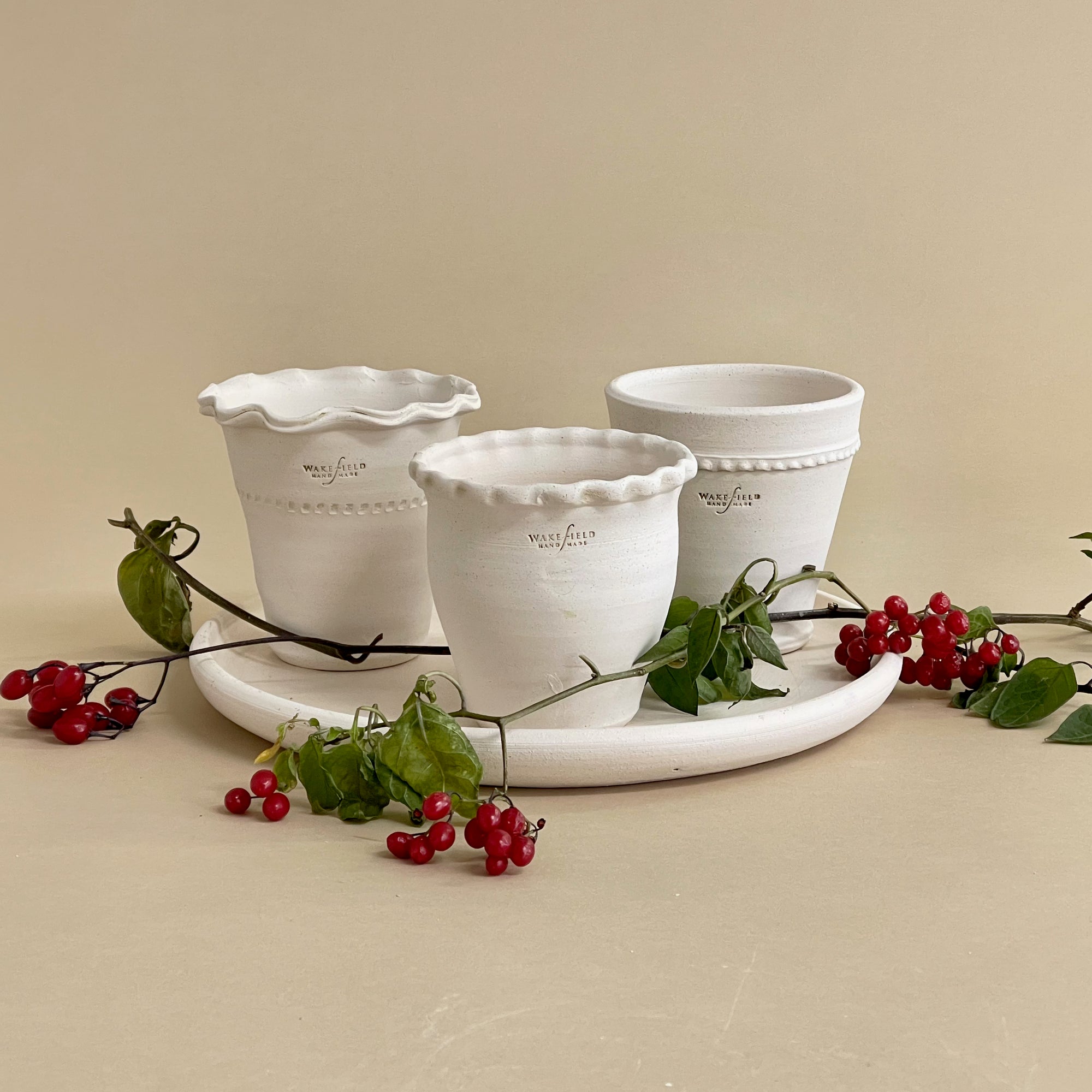 Ornamented Rim Miniature Pots, Set of 3 with Saucer