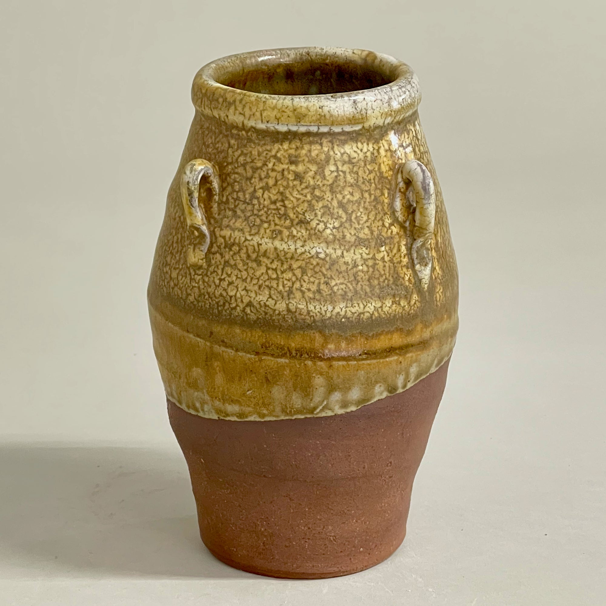 Small Yixing Rice Wine Jar, Wood Ash Glaze Over Kaolin Slip
