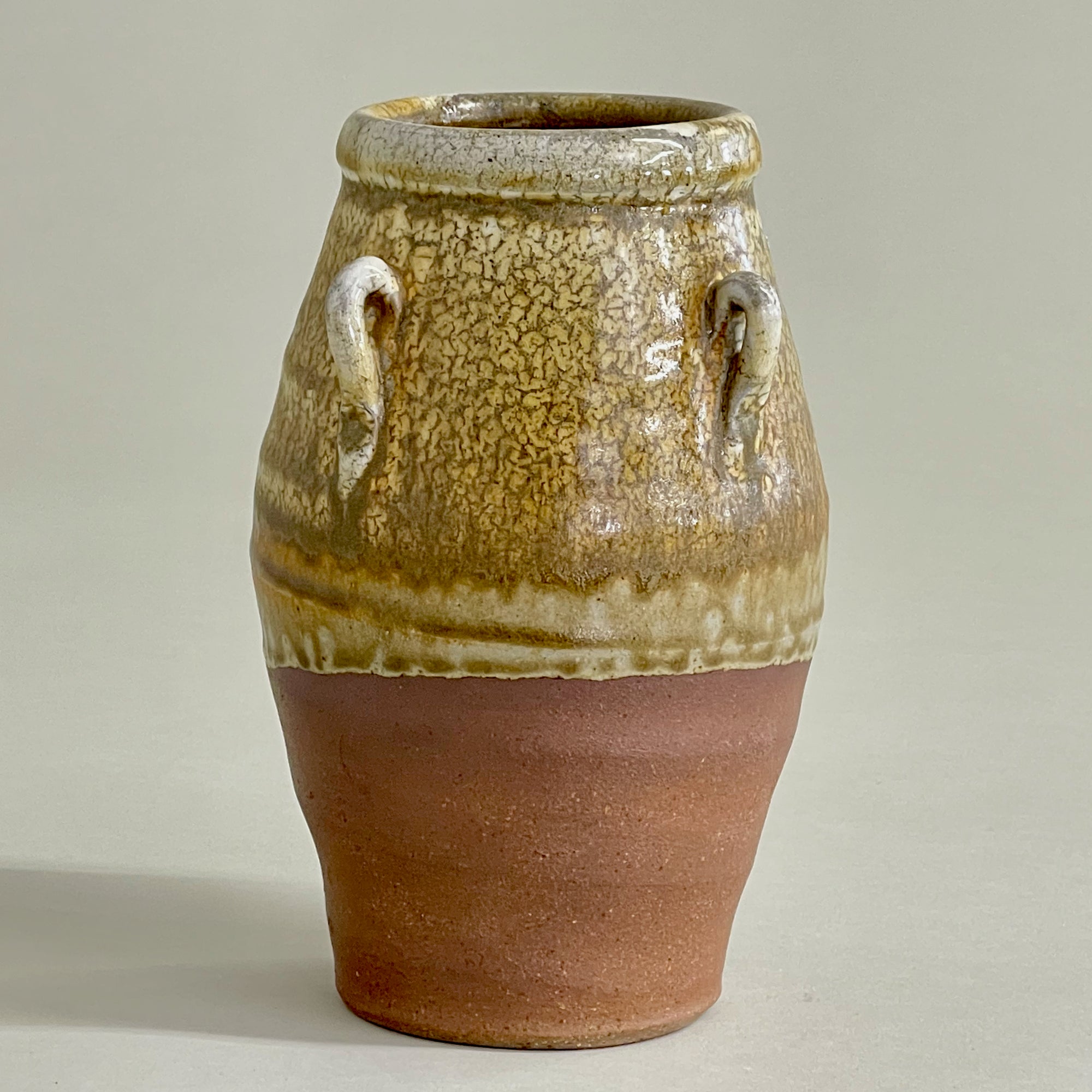 Small Yixing Rice Wine Jar, Wood Ash Glaze Over Kaolin Slip